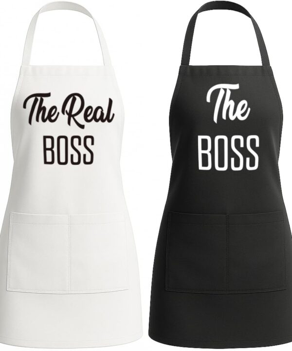 2Pcs Funny Couple Aprons for Cooking,Baking, Kitchen Couple Gifts for Engagement,Bridal Shower,Christmas,House Warming,Anniversary,Newly Wed Gift for Women,Men,Husband,Wife,The Boss The Real Boss -24