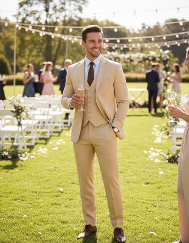 MoranX Business Men Suits Regular Fit 3 Piece Tuxedos Notch Lapel Blazer Vest Pants for Wedding Grooms