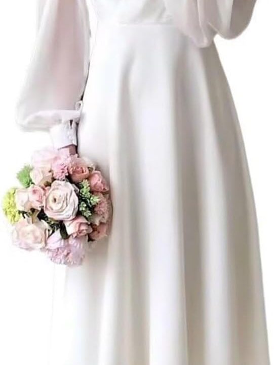 Womens Long Sleeve Tea Length Wedding Dresses for Bride Chiffon V Neck A Line Bridal Party Dress