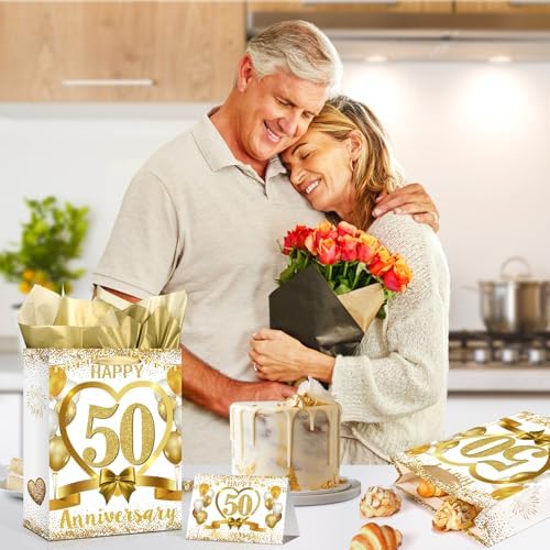 White Gold Happy 50th Anniversary Paper Gift Bag with Tissue Papers and Card, Gold Party Gift Wrapping Bag Treat Bag for Golden Wedding Anniversary Decorations