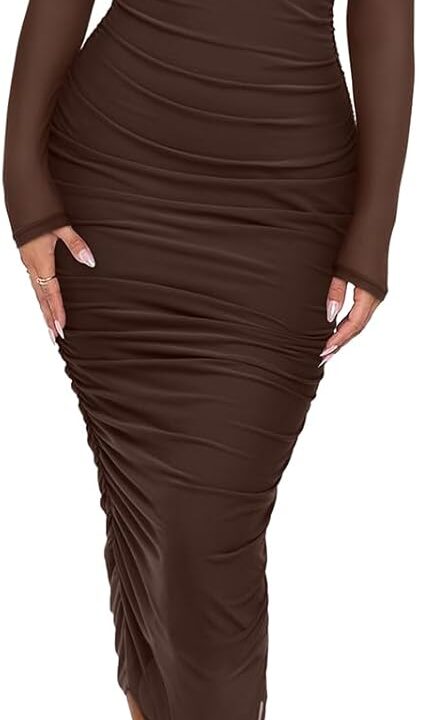 REORIA Women's Fall Mesh Sheer Long Sleeve Midi Ruched Bodycon Dress Mock Neck Elegant Evening Party Cocktail Dresses