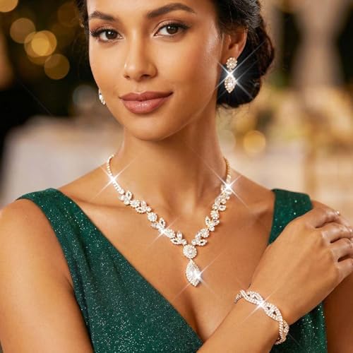 Unicra Silver Crystal Bridal Wedding Jewelry Set Rhinestone Necklace Earrings Bracelet Sets Formal Costume Jewelry for Women and Brides