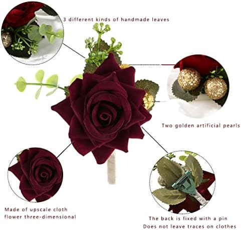 Campsis Wedding Flower Boutonniere Groom Rose Buttonholes Prom Suit Decoration for Men(Red Wine)