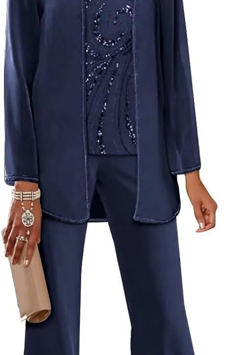 3 Pieces Chiffon Mother of The Bride Pant Suits for Wedding Sequin Wedding Guest Outfit for Women with Jacket