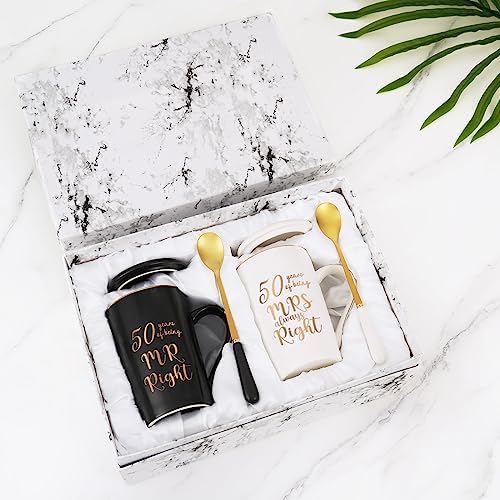 YHRJWN – 50th Wedding Gifts, 50 Years of Being Mr & Mrs Always Right Mug Set, Wedding Gifts Ideas for Parents Couple, 14 Oz with Lids and Gift Box