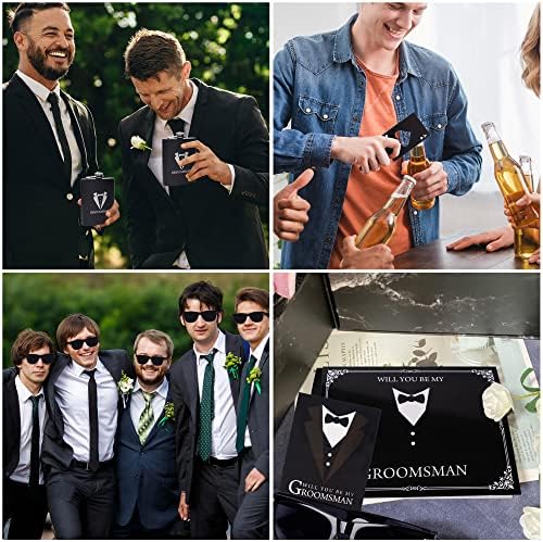 6 Pieces Groomsmen Gifts Set : 1 Pcs 8oz Stainless Steel Tuxedo Flask 1 Pcs Poker Bottle Cap Opener 1 Pcs Groomsmen Gauge Glasses 1 Pcs Sunglasses 1 Pcs Card 1 Pcs Groomsmen Gift Bags for Wedding