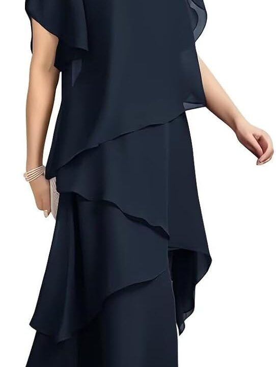 Flowy Chiffon Tiered Mother of The Bride Dresses for Women Tea Length Short Sleeve Formal Wedding Guest Dresses