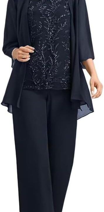 3 Pieces Mother of The Bride Pant Suits Long Laces Appliques 3/4 Sleeves Chiffon Mother of The Groom Dress