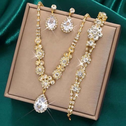 Unicra Bride Silver Bridal Necklace Earrings Set Crystal Bridal Wedding Jewelry Set Rhinestone Choker Necklace for Women and Brides