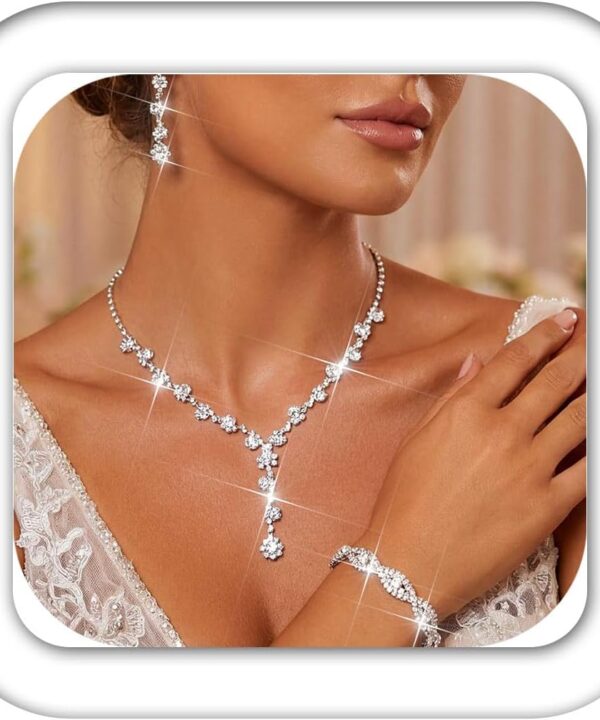 Aukmla Rhinestone Wedding Prom Jewelry Sets Silver Diamond Necklaces and Earring Bracelet Set for Brides and Women