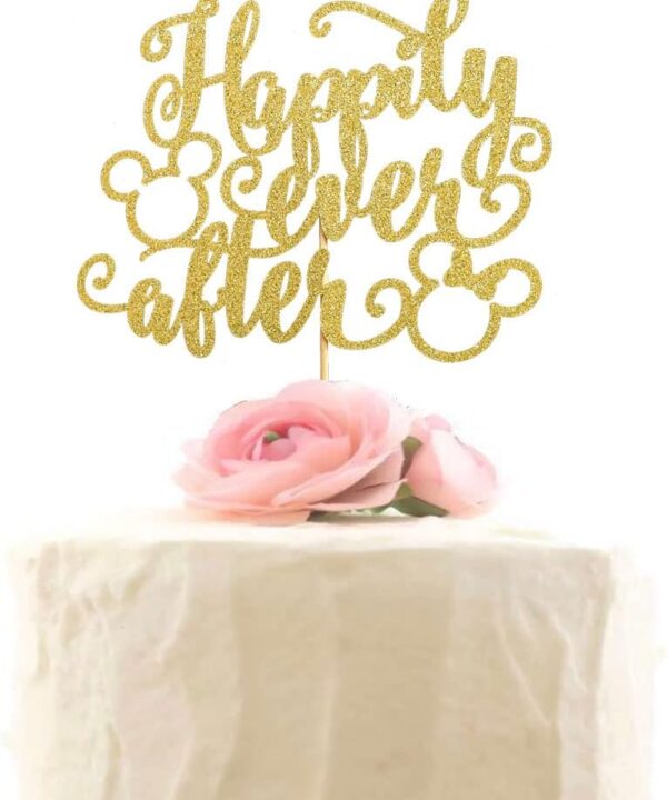 Happily Ever After with Cartoon Mice Cake Topper, Mouse Inspired Themed Wedding Engagement Bridal Shower Party Decorations, Gold Glitter