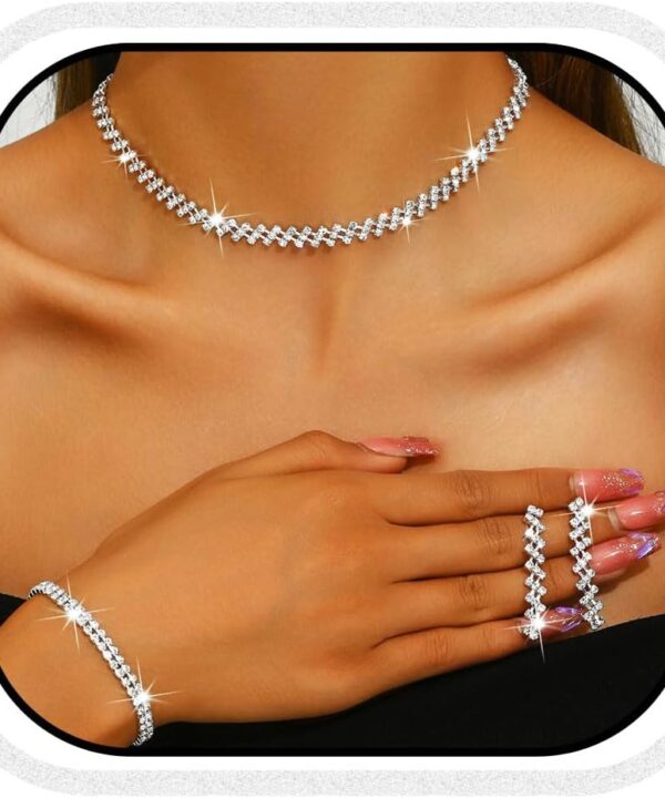 Aukmla Bridal Jewelry Set Silver Sparkly Choker Wedding Necklace Bracelet Earring Sets Prom Necklaces for Women and Brides