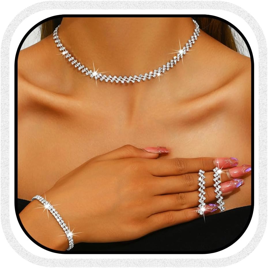 Aukmla Bridal Jewelry Set Silver Sparkly Choker Wedding Necklace Bracelet Earring Sets Prom Necklaces for Women and Brides