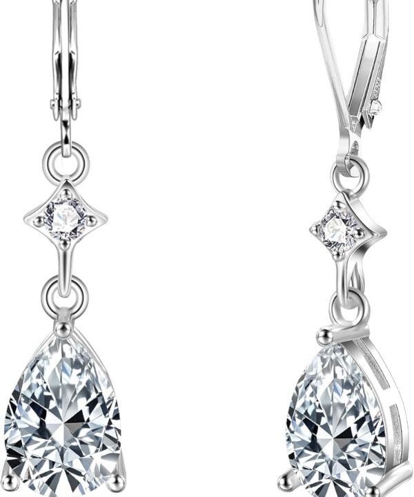 Sterling Silver Teardrop Earrings for Women Cubic Zirconia Silver Drop Leverback Dangle Earrings Hypoallergenic Teardrop Dangle Earring Jewelry for Gifts