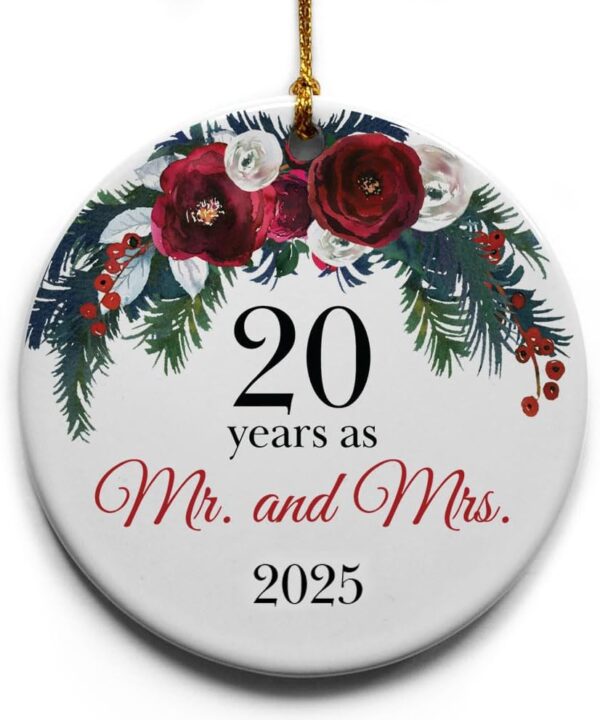 20 Years as Mr. and Mrs. | 20th Wedding for Wife him Couple Husband Ceramic Christmas Tree Ornament Collectible Holiday Keepsake 2.875" Round Ornament in Decorative Gift Box with Bow