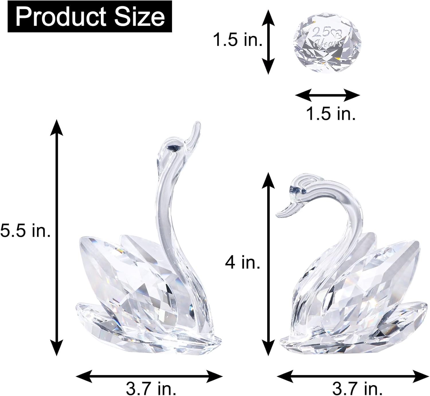 YWHL 25th Anniversary Crystal Swan Gifts for Wife, 25 Year Wedding Anniversary for Couple, Swan Figurine with Silver Diamond, Romantic Gifts Birthday Gift for Her Him (Silver)