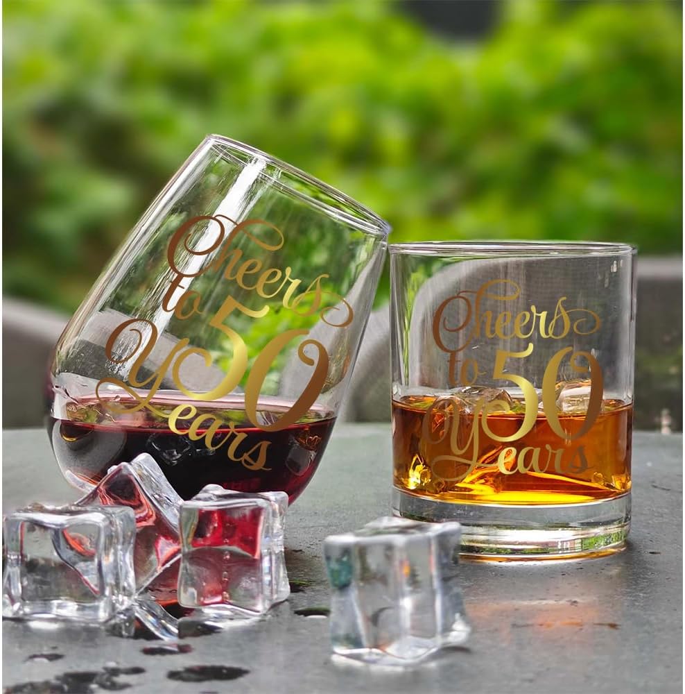 Cheers to 50 Years Wine & Whiskey Glass Gift Set, Gold Foil Design 50th Birthday Anniversary Wedding Valentines Day Stemless Wine Glass Gifts for Grandparents Couple Men Women Wife Husband Parents128