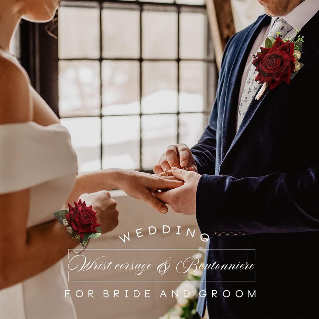 Campsis Wedding Flower Boutonniere Groom Rose Buttonholes Prom Suit Decoration for Men(Red Wine)