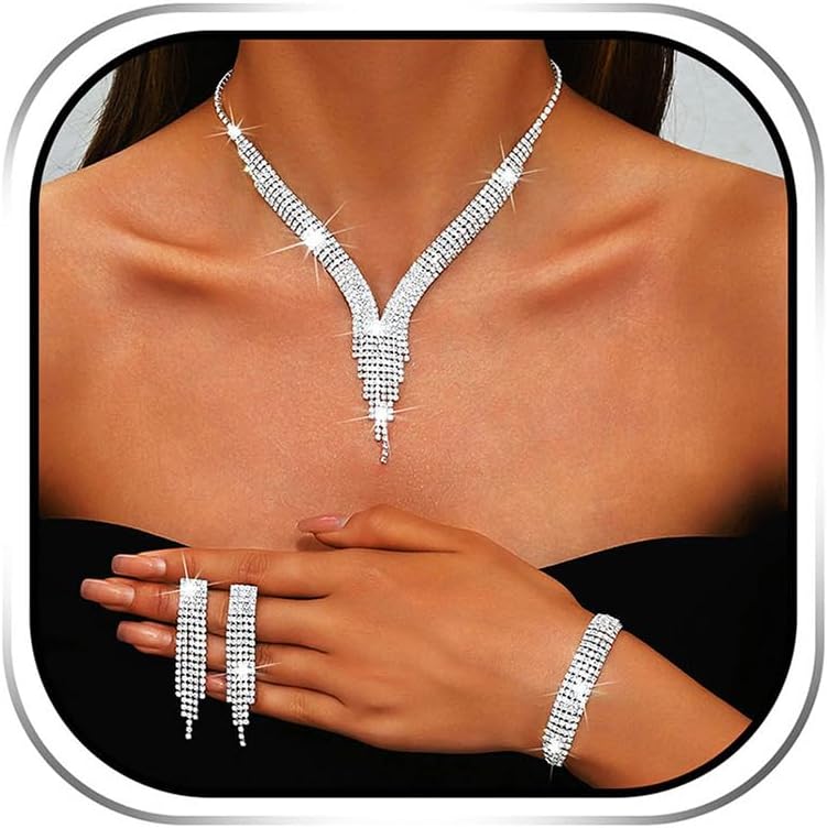 Sixexey Rhinestone Bridal Necklace Earrings Sparkly Jewelry Set Prom Wedding Party Necklace Jewelry Accessories for Women