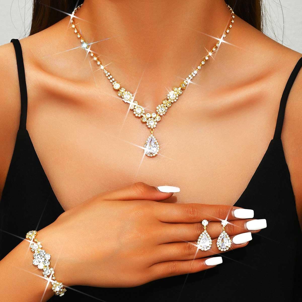 Unicra Bride Silver Bridal Necklace Earrings Set Crystal Bridal Wedding Jewelry Set Rhinestone Choker Necklace for Women and Brides