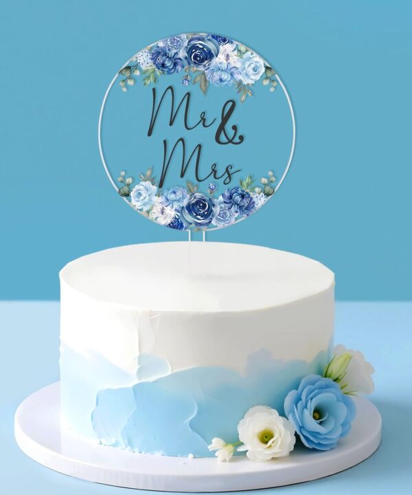 Dusty Blue Floral Mr & Mrs Wedding Acrylic Cake Topper - Round Floral Cake Decoration for Bride and Groom, Flower Wedding, Bridal Shower, Engagement, Anniversary, Bachelorette Party Supply