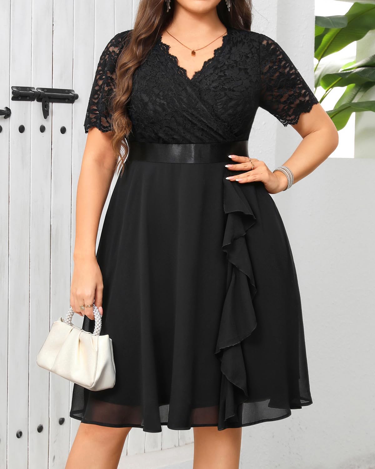 Plus Size Wedding Guest Dress – Formal Cocktail Party Ruffle Elegant Tea Length Lace Chiffon V Neck Midi Dresses
