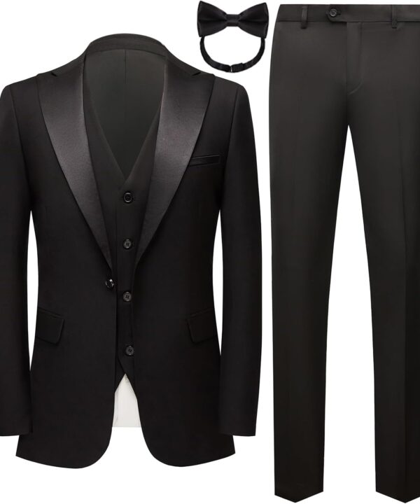 Tuxedo for Men 3 Pieces Slim Fit Black Tuxedo Jacket Blazer for Party Prom Wedding Solid Color Peaked Lapel
