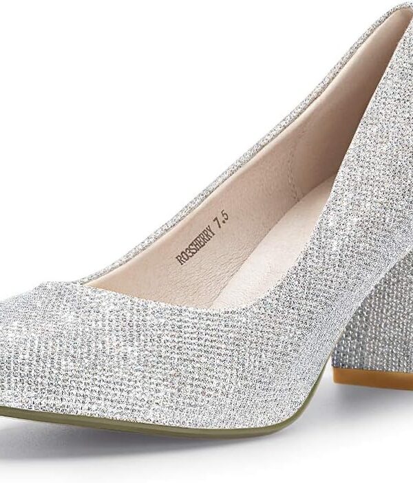 IDIFU Women's Sherry Dress Low Block Chunky Heels Pumps Closed Round Toe Shoes for Wedding Office Evening