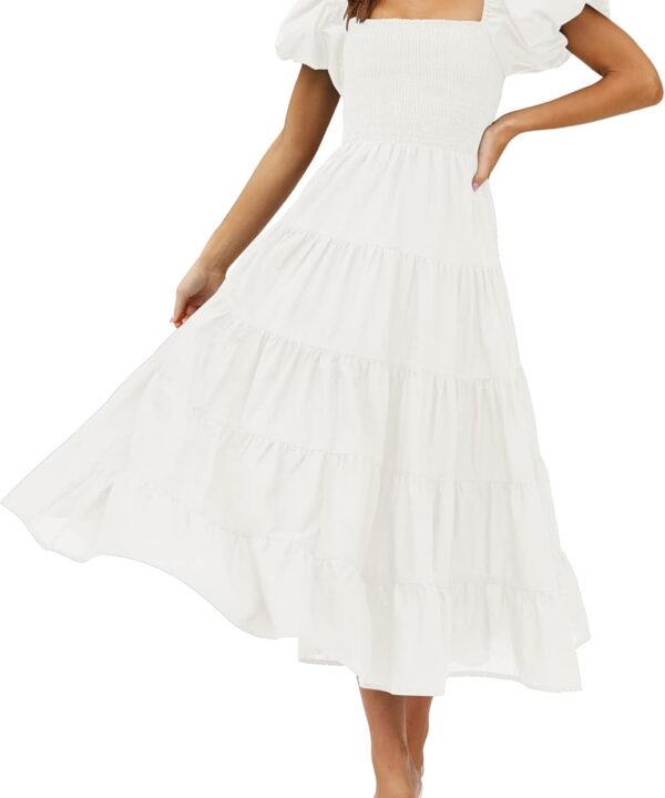 ZESICA Women's 2026 Summer Square Neck Short Puff Sleeve Solid Color High Waist Casual Smocked Flowy A Line Tiered Midi Dress
