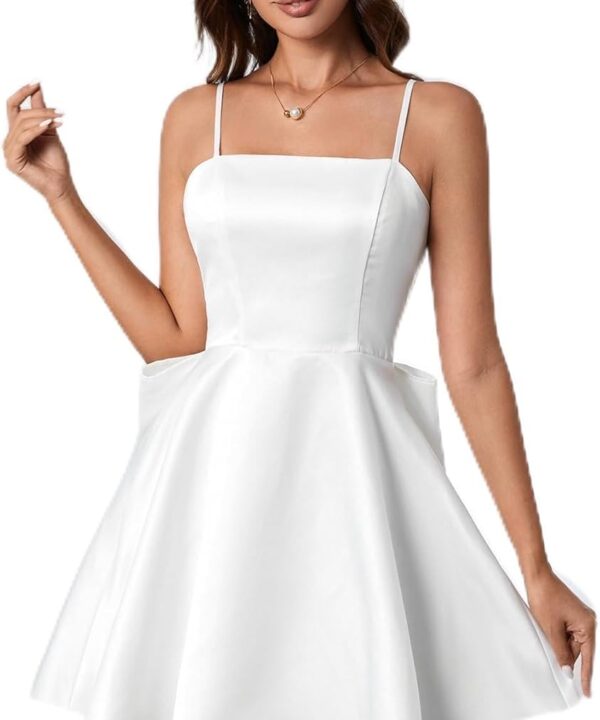 WDIRARA Women's Satin Bow Homecoming Dresses Spaghetti Strap Wedding Guest Gown Summer Mini Dress