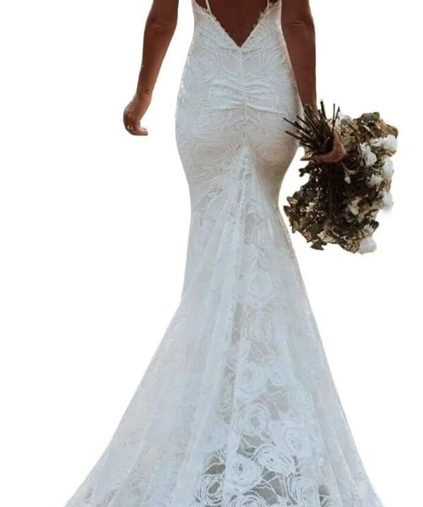 Mermaid Wedding Dresses for Bride 2026 Boho Lace V-Neck Backless Beach Bridal Dress for Bride