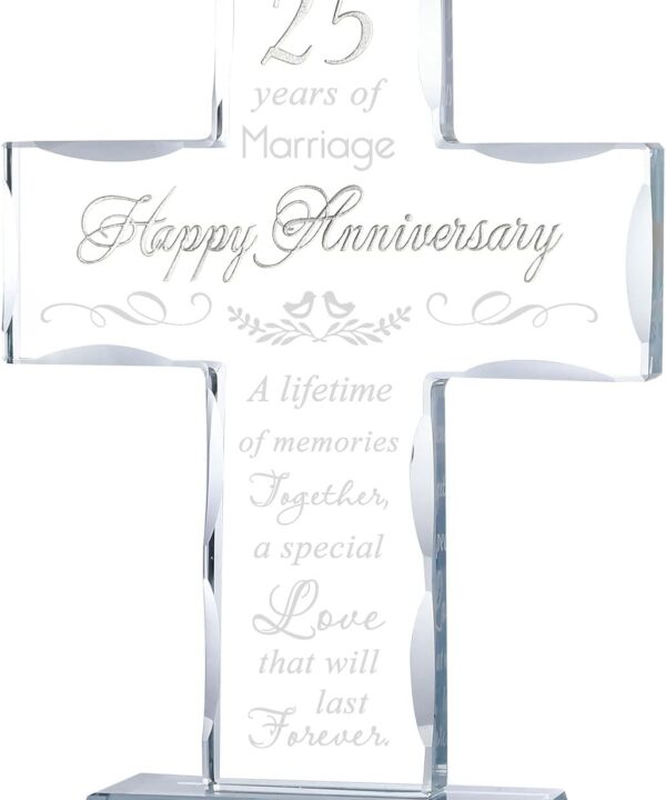 YWHL 25th Wedding Anniversary Glass Cross Gifts for Wife Husband, Laser Engraved 25 Year Anniversary Standing Cross Gifts for Couple, 25 Years of Marriage Decorations