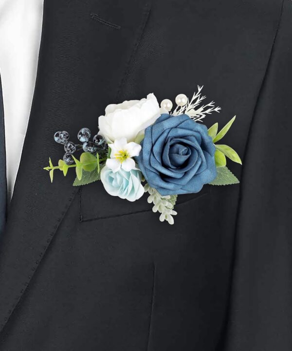 Dusty Blue Flowers Pocket Boutonniere for Men, Groom and Groomsmen, Wedding, Anniversary, Formal Dinner Party, Prom