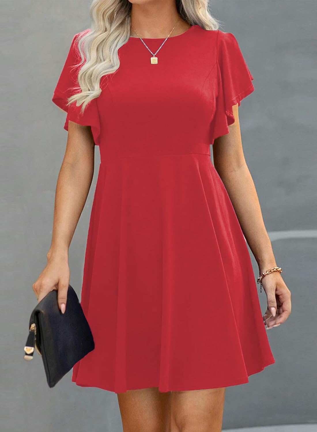 Happy Sailed Cocktail Dresses for Women Spring Summer Ruffle Sleeve Crewneck High Waist Flowy A Line Mini Dress