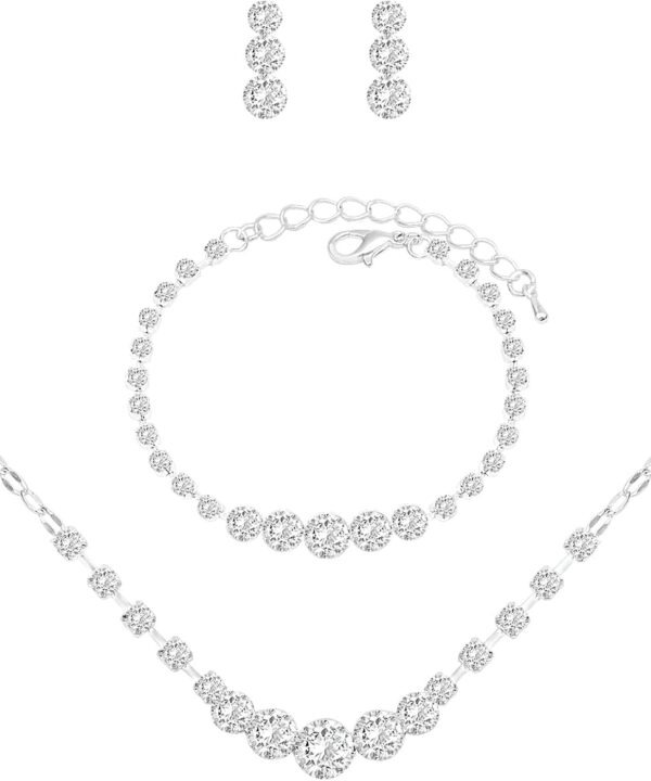 Silver Jewelry Set for Women Crystal Choker Necklace Earrings Link Bracelet Bridal Wedding Jewelry for Brides Bridemaid Prom Costume Accessories
