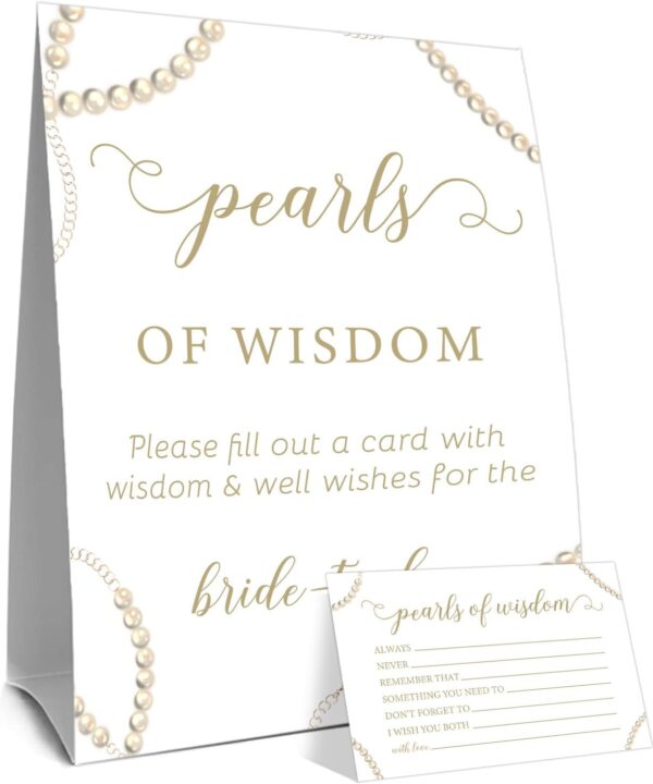 Pearls Of Wisdom Bridal Shower Card, Pearls Of Wisdom Game Card for Bride Party, Wedding Party Game Sign Card, Pearl Bridal Shower Decor Games Sign Card, Wedding Decoration (1 Sign & 30 Cards Set)