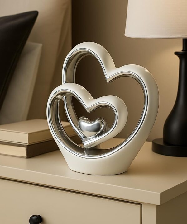 Silver Heart Ornament  Elegant Ceramic Couple Sculpture  White & Silver Tabletop Decor  Romantic Centerpiece for Living Room, Bedroom or Office  Anniversary or Valentines Gift