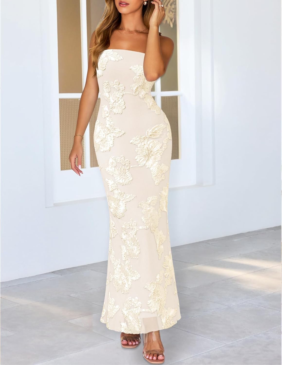 MEROKEETY Womens Floral Strapless Maxi Dress 2026 Summer Mesh Tube Bodycon Formal Wedding Guest Cocktail Party Long Dresses