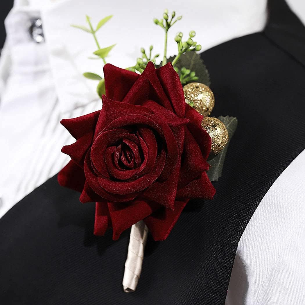 Campsis Wedding Flower Boutonniere Groom Rose Buttonholes Prom Suit Decoration for Men(Red Wine)