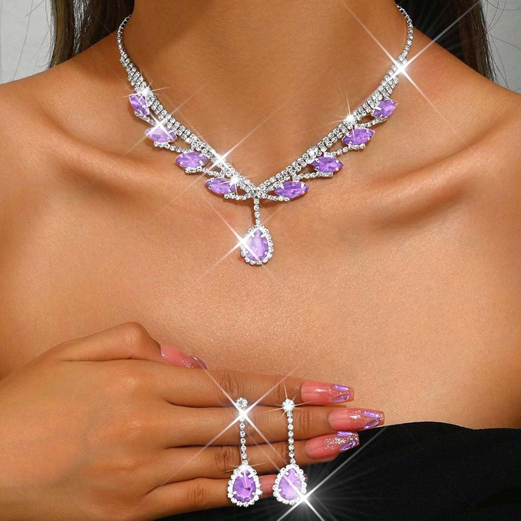 Unicra Rhinestone Bridal Wedding Jewelry Set Silver Necklace Earrings Sets Formal Prom Costume Jewelry Sets for Women and Brides