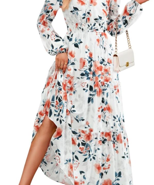 ZESICA Spring Dresses for Women 2026 Long Sleeve Boho Floral V Neck Empire Waist A Line Casual Flowy Wedding Guest Maxi Dress