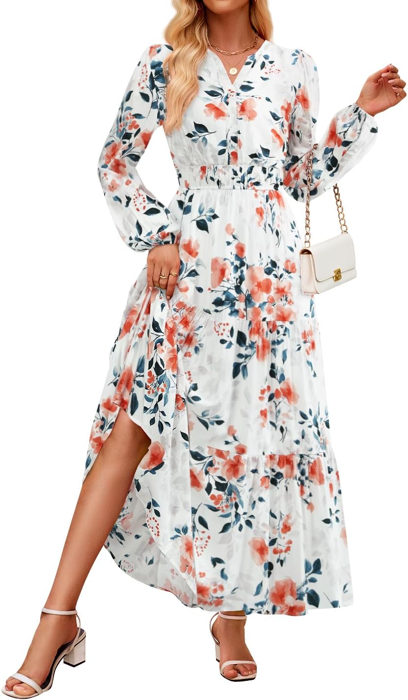 ZESICA Spring Dresses for Women 2026 Long Sleeve Boho Floral V Neck Empire Waist A Line Casual Flowy Wedding Guest Maxi Dress