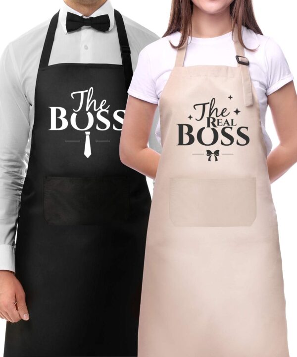Couple Aprons for Cooking-The Boss The Real Boss Apron Set Funny Adjustable Baking Aprons His and Her Engagement Anniversary Wedding Valentines Day Bridal Shower Gift