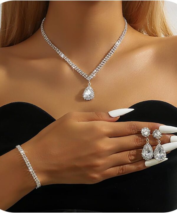 Nojess Crystal Wedding Jewelry Sets for Brides Silver Rhinestone Necklace Earrings Bracelet Bridal Jewelry Set for Wedding Bridesmaid Prom Costume Accessories