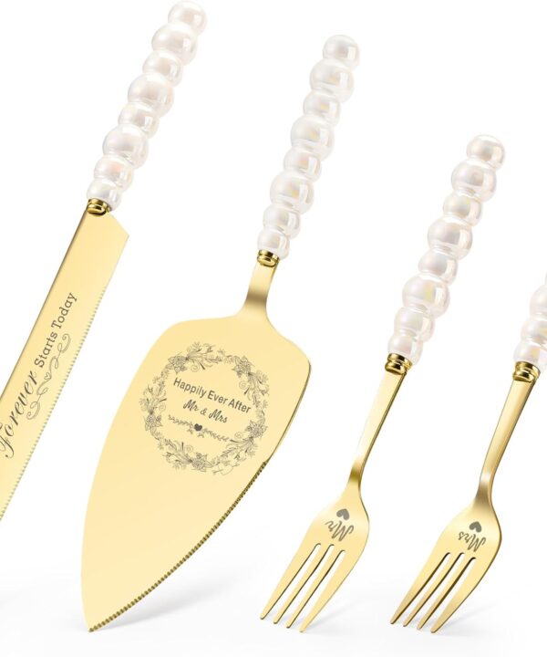 Wedding Cake Knife and Server Set, Gold Ceramic Pearl Handle Cake Cutting Set for Weddings, Engagements, Anniversaries, and Engagement Gifts for Couples