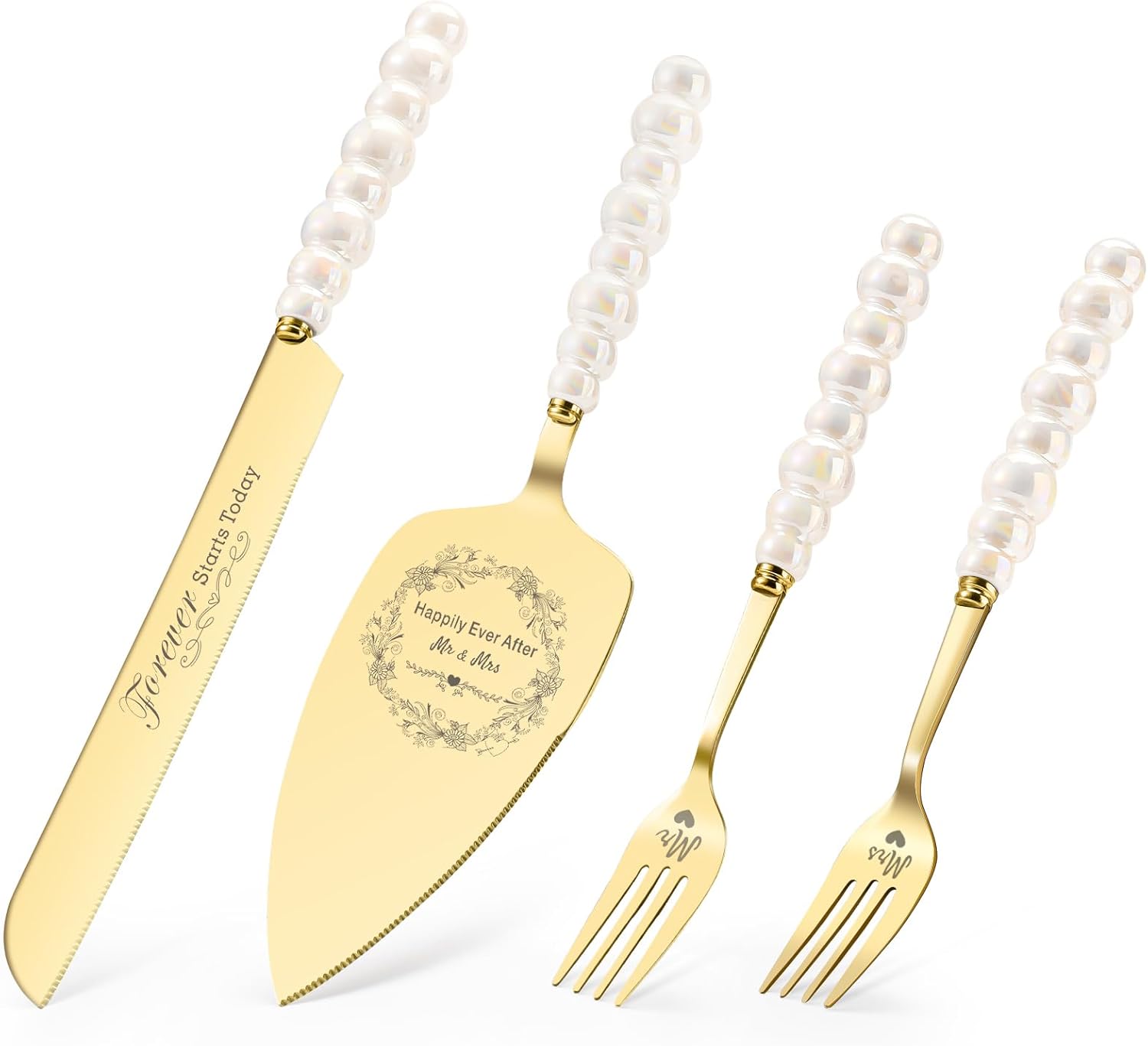 Wedding Cake Knife and Server Set, Gold Ceramic Pearl Handle Cake Cutting Set for Weddings, Engagements, Anniversaries, and Engagement Gifts for Couples