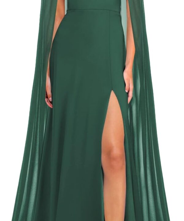 MAYFASEY Women's Elegant Long Sleeve Halter Neck Sexy Split Cocktail Evening Party A Line Maxi Long Formal Dress with Cape