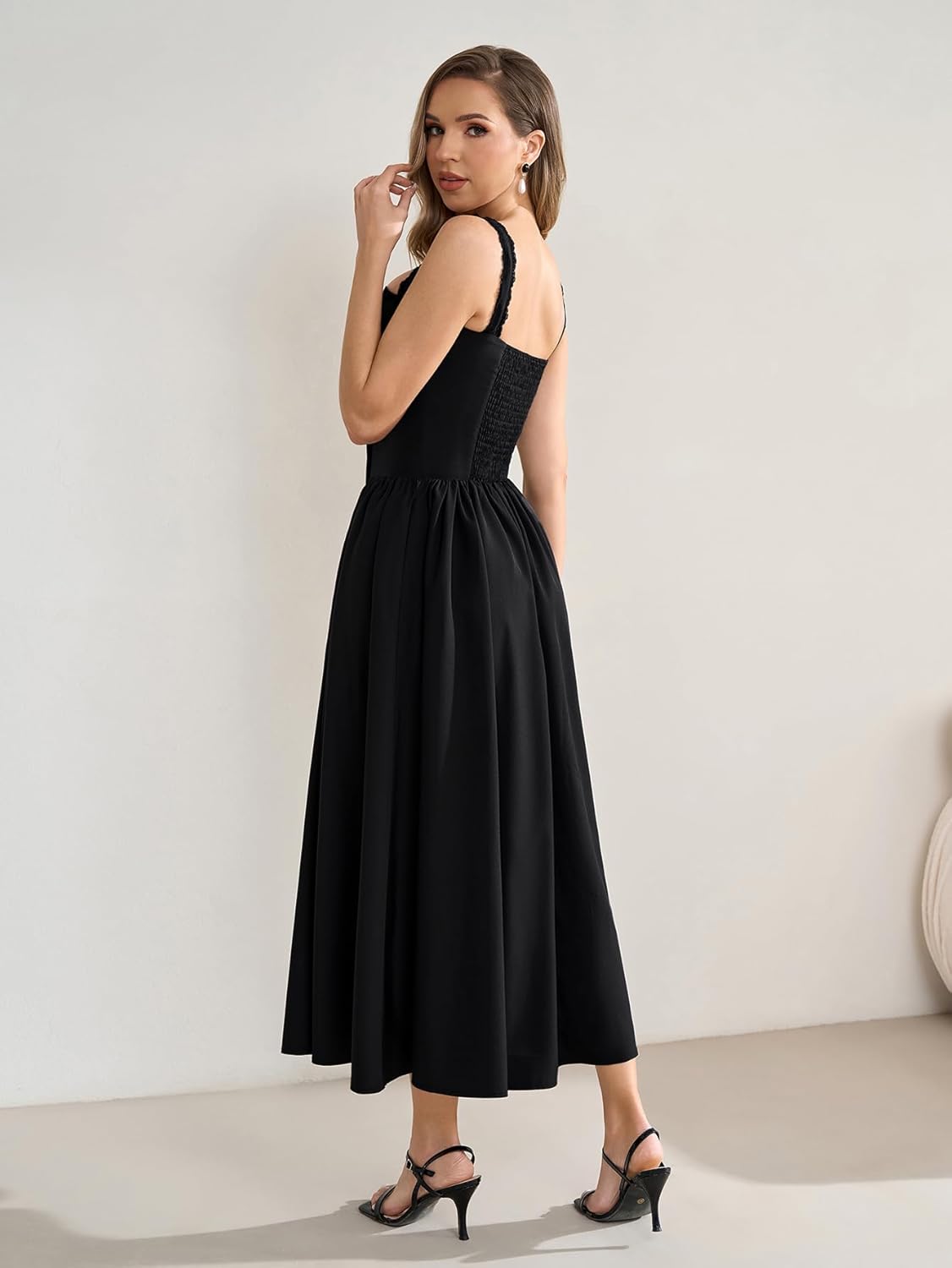 KUTUMAI Women Summer Lace Square Neck Midi Dress Corset Smocked Flowy A Line Beach Wedding Guest Dresses with Pockets