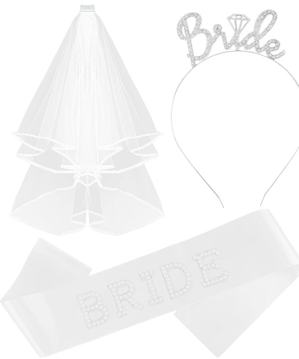 Chanaco Bride to Be Sash Bachelorette Party Decorations Bridal Headbands and Wedding Veil Engagement Accessories Bridal Shower Gift Favors Silver Rhinestone Tiaras Lace Pearls Sash