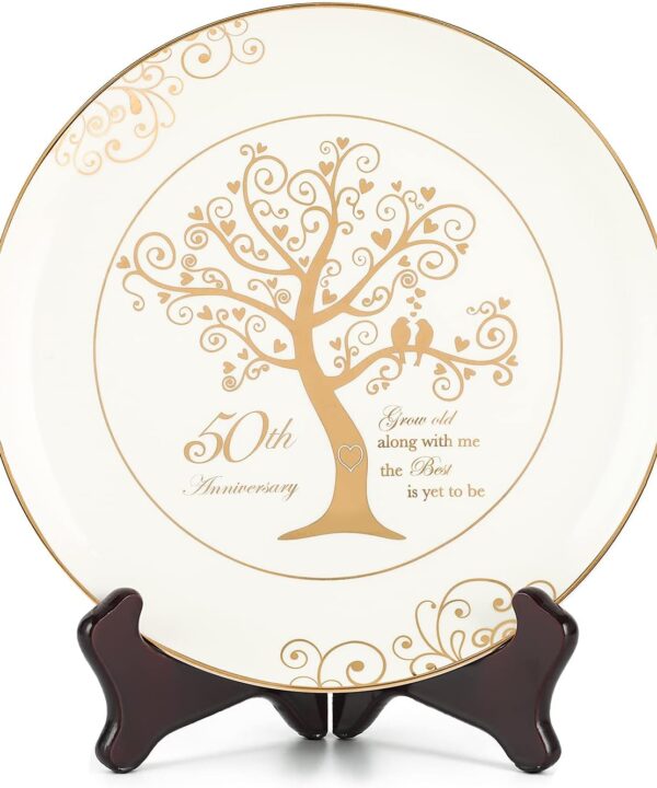 50th Anniversary Plates with 24k Gold Foil - 50 Year Wedding Gifts for Parents Couples, Valentine's Day Golden Gift, Porcelain with Stand 9 Inch